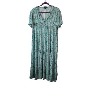 Suzanne Betro Womens Dress 1X Green Milkmaid Tiered Short Sleeve Romantic Pocket